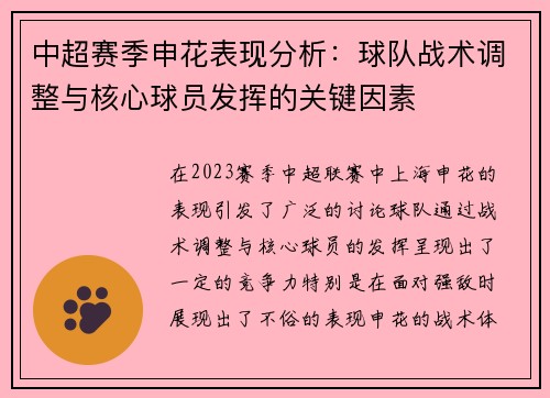 中超赛季申花表现分析：球队战术调整与核心球员发挥的关键因素